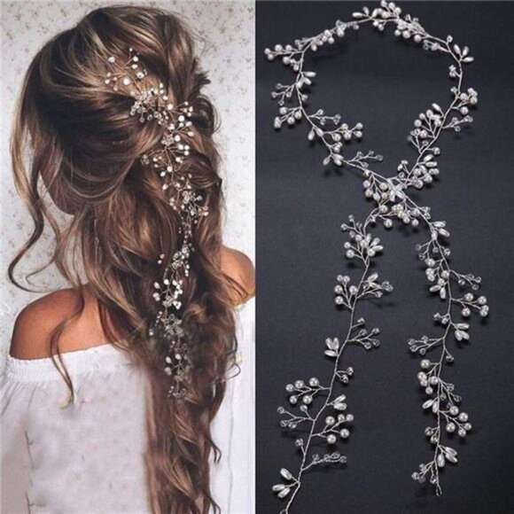 Bridal Rose Gold & Silver Pearl & Crystal Hair Vine – Extra Long Headpiece - Picture 1 of 7